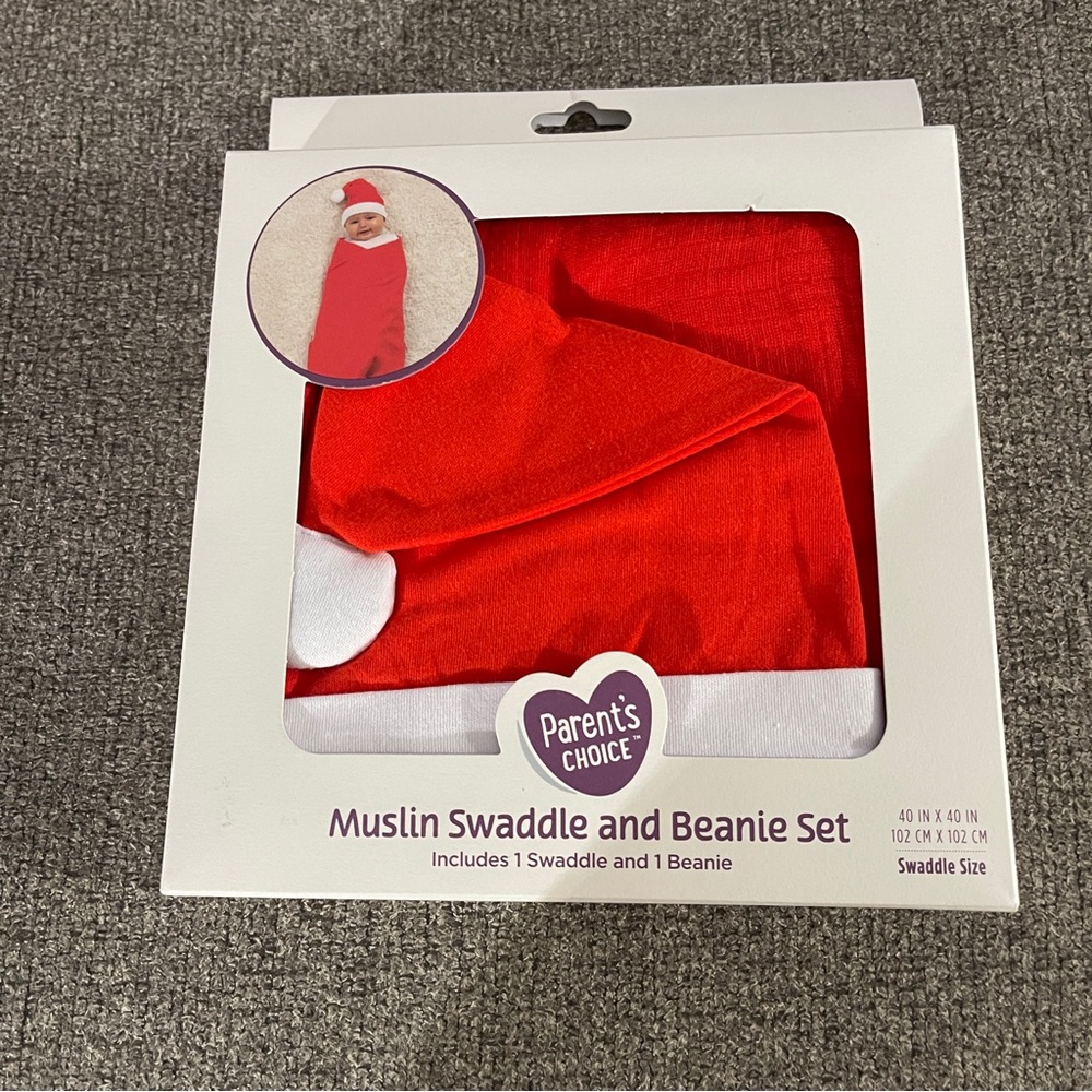 Red Muslin Swaddle Beanie Set Christmas Santa Hat Blanket Baby Parent’s choice